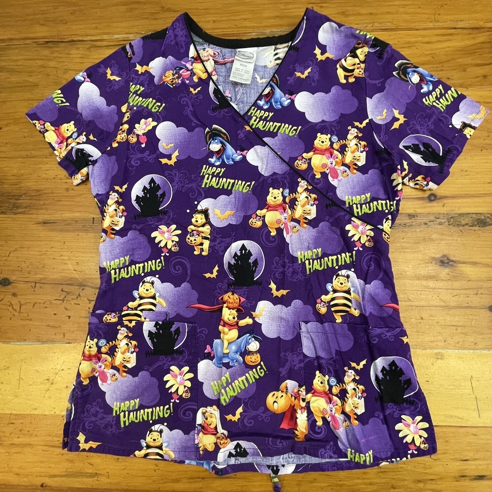 Disney Scrub Top Small Purple Pooh‎ Bear Eeyore Halloween Happy Haunting - Picture 2 of 10